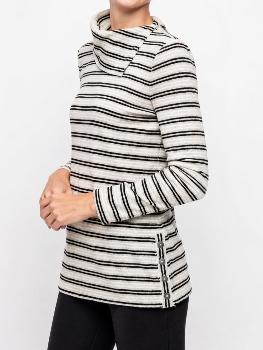 Talbots Striped Cowl Neck Tunic Top Black Gray White XL